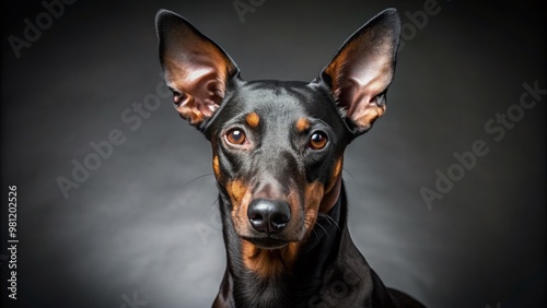 A sleek Manchester Terrier poses on a sleek grey studio background, its glossy black coat and erect ears radiating confidence and energetic intelligence.