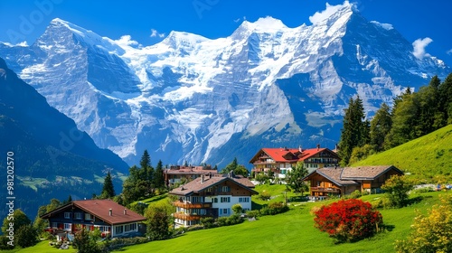 Stunning alpine village nestled in lush green landscape with majestic snow-capped mountains under a clear blue sky.