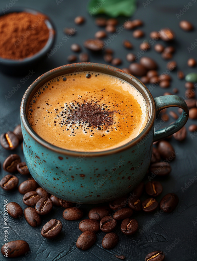 Top view espresso elegance. Close up aromatic coffee cup with roasted beans. Morning delight. Dark and rich. Vintage background Top view espresso elegance. Close up aromatic coffee cup with roasted beans. Morning delight. Dark and rich. Vintage background