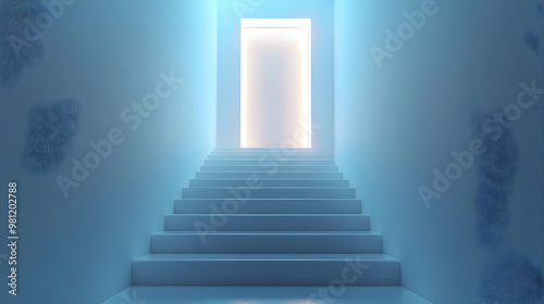 3D Holographic White Staircase Leading to a Glowing Door Concept: Close-Up View Emphasizing Personal Growth Journey on Isolated White Background for Self-Improvement Messaging
