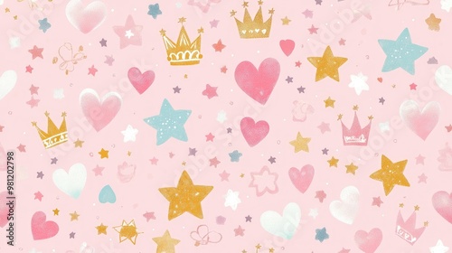 Vector illustration of a pink princess pattern Ideal for baby birthday cards shower invitations children s wallpaper and fabric Charming design featuring stars crowns diamonds and hearts