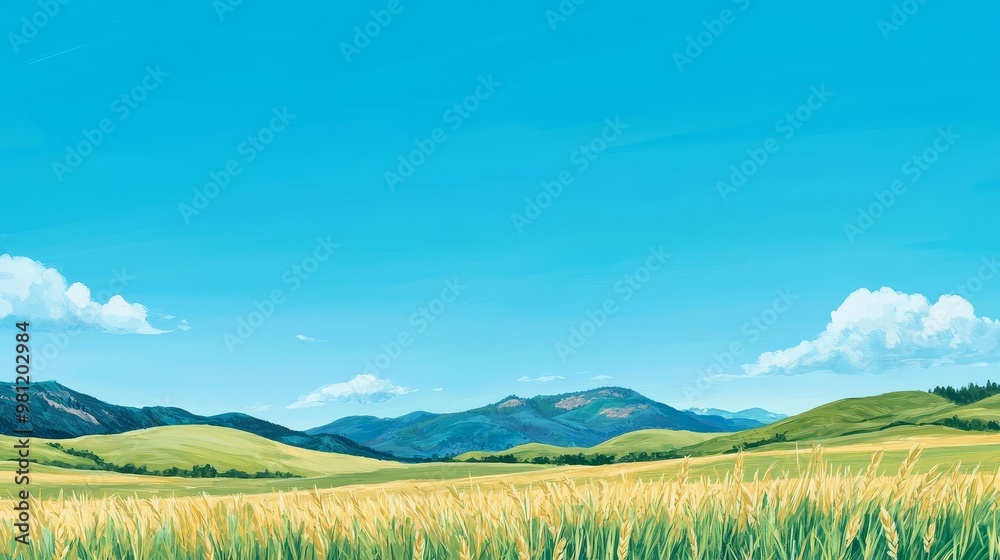 Naklejka premium Open countryside with a vibrant blue sky, minimalistic landscape, soft natural tones, expansive and balanced scene, clear and bright sunlight, peaceful and calming setting