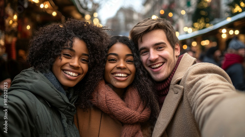 A group of three friends, dressed in warm winter clothing, smiling at the camera in a festive outdoor market setting with lights. Two are Black women, and one is a White man.