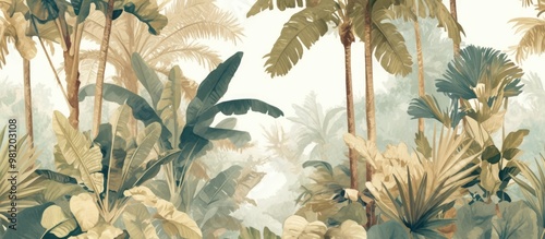 Fototapeta Naklejka Na Ścianę i Meble -  Tropical mural featuring palm trees jungle scenery and lush garden elements suitable for wallpaper decor