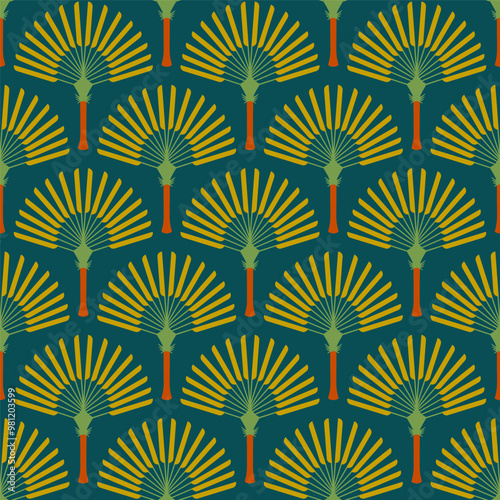 Boho Art Deco Fans Traveler's Jungle Palm Trees yellow green Vector Pattern. Joyful retro Art Deco style geometric tropical fan trees in yellow, emerald green, light green, brown.