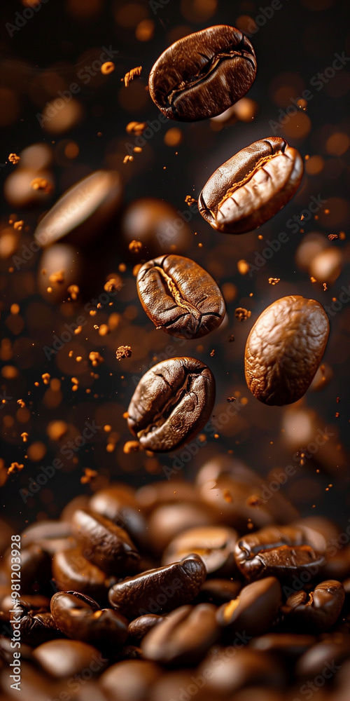 Coffee beans on dark background. Freshly roasted coffee beans flying through the air Coffee beans on dark background. Freshly roasted coffee beans flying through the air