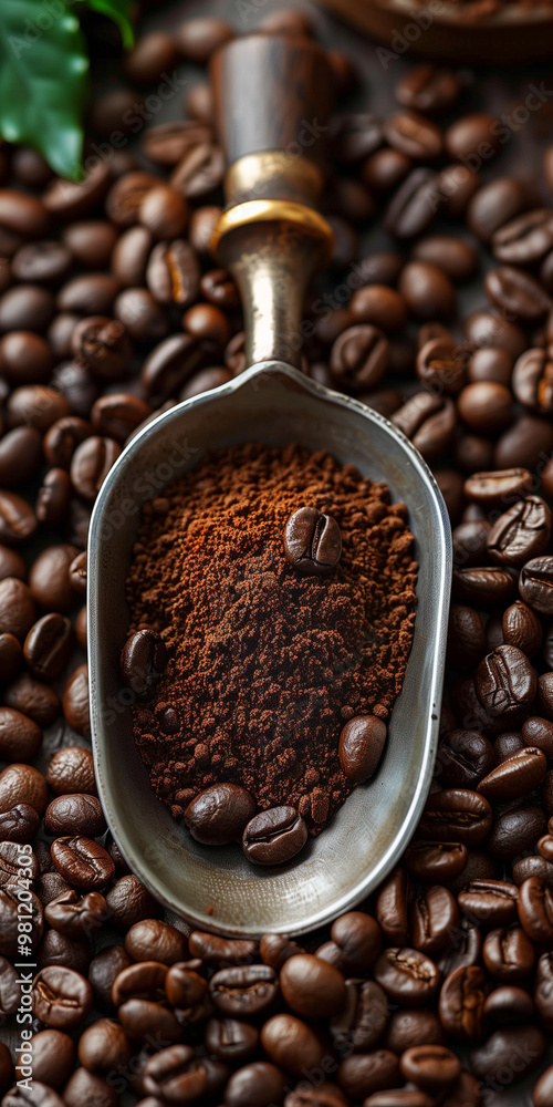 Arabica Coffee. Close-up of coffee beans. An old coffee scoop filled with dark roasted coffee beans. Arabica Coffee. Close-up of coffee beans. An old coffee scoop filled with dark roasted coffee beans.