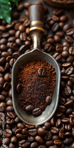 Arabica Coffee. Close-up of coffee beans. An old coffee scoop filled with dark roasted coffee beans.