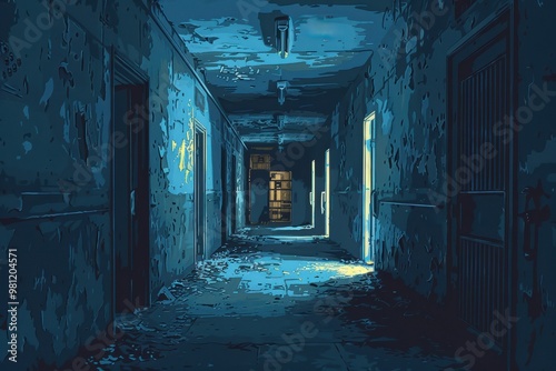 Abandoned jail in an old asylum, decaying walls, broken cells, eerie atmosphere..