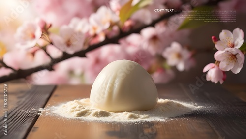 A shallow depth of field captures the warm, golden tones of the wooden table and the soft pastel hues of the blossom leaves, which complement the pale, powdery white of the mochi. The image is a cinem photo