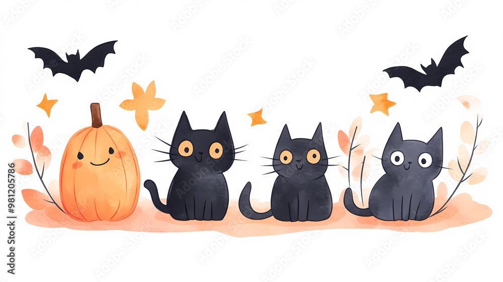 A group of cats are sitting in front of a pumpkin and a bat. The cats are all black and appear to be happy A group of cats are sitting in front of a pumpkin and a bat. The cats are all black and appear to be happy
