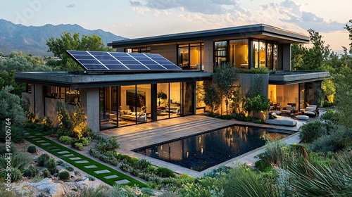 Create an image of a contemporary desert home with large, efficient solar panels that power the air conditioning and all the houses amenities