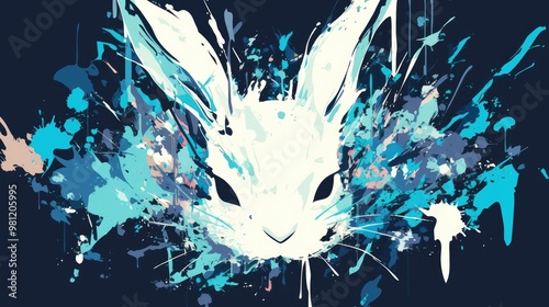 Cartoon bunny illustration on a black background with splashes Vector design featuring space for custom text photo