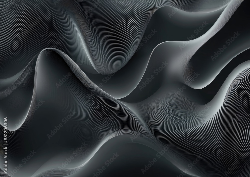 Naklejka premium Grey and black digital abstract background featuring flowing curved lines Illustration
