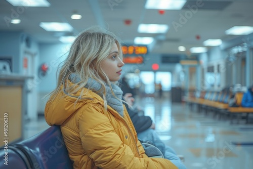 Young woman in a cozy yellow jacket waits quietly in a spacious airport terminal during the late evening hours