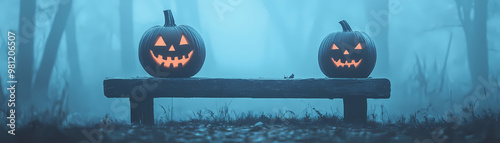 Two pumpkins are sitting on a bench in a forest. The pumpkins have orange faces and are glowing in the dark. The scene gives off a spooky and eerie vibe, perfect for Halloween