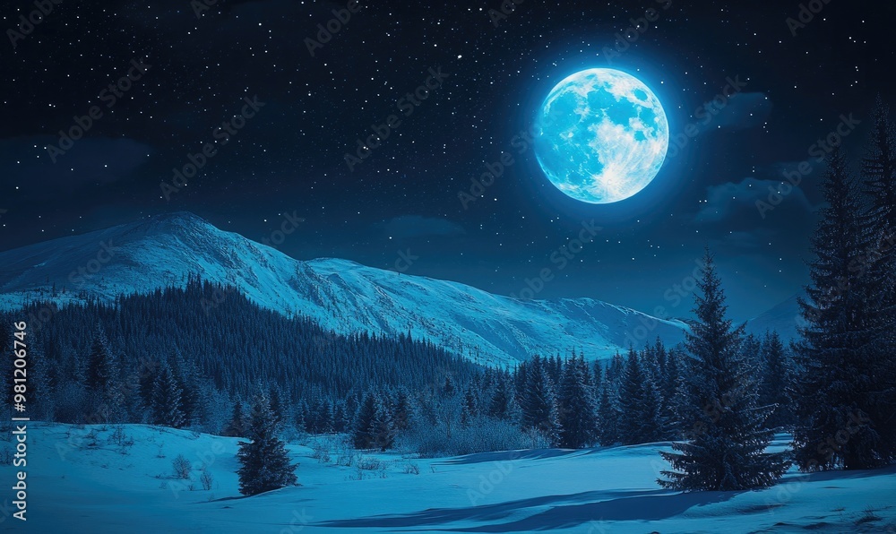 Full moon with a blue hue shining brightly in the winter night sky Full moon with a blue hue shining brightly in the winter night sky