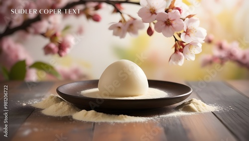 A shallow depth of field captures the warm, golden tones of the wooden table and the soft pastel hues of the blossom leaves, which complement the pale, powdery white of the mochi. The image is a cinem photo