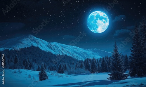 Full moon with a blue hue shining brightly in the winter night sky