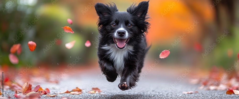 Happy Black and White Dog Running Through Autumn Leaves Happy Black and White Dog Running Through Autumn Leaves
