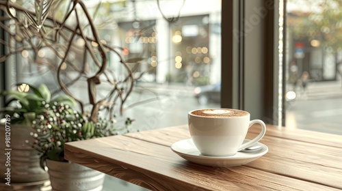 Close-up of fragrant cappuccino in a small white cup in a cafe against the background of a panoramic window. Morning magic concept. Time for yourself