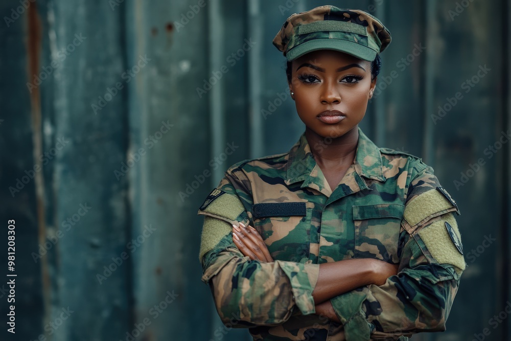 Fototapeta premium Soldier Woman. Confident African American Soldier Woman Poses with Arms Crossed