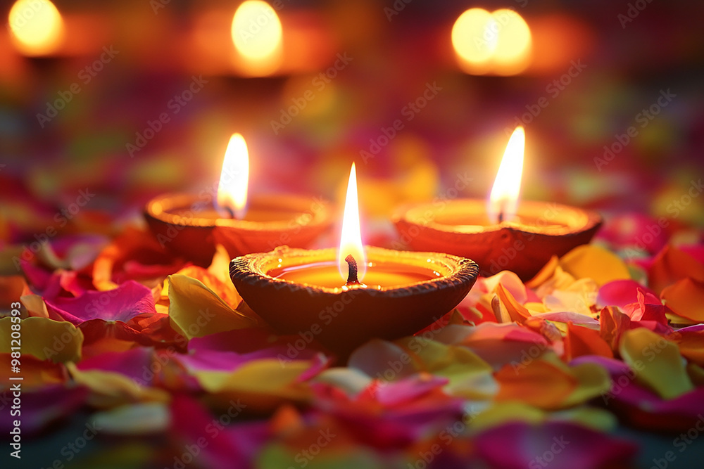Celebrating Diwali festival, candles in temple with colorful background Celebrating Diwali festival, candles in temple with colorful background