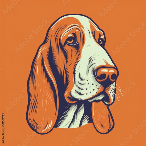 A hound dog with long ears and expressive eyes stands out against an orange backdrop, highlighting its unique characteristics and artistic design photo