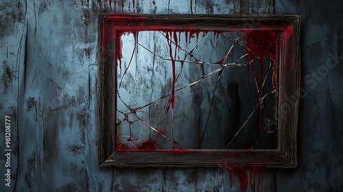 A broken mirror in an old frame on a weathered wall, with red paint resembling blood dripping down. Eerie and unsettling scene.