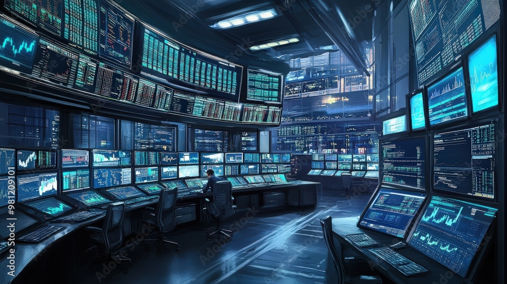 A busy trading floor with monitors displaying stock prices and market data A busy trading floor with monitors displaying stock prices and market data