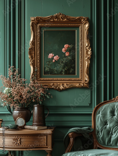 Ornate gold frame with a painting of roses hanging above a vintage armchair in a sophisticated interior. photo