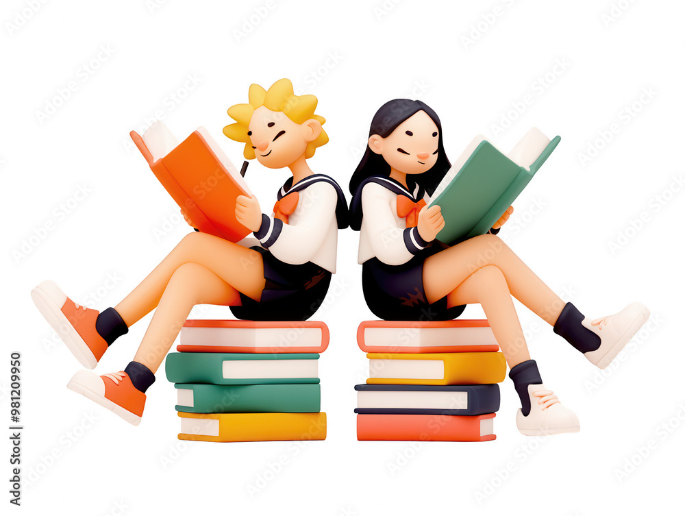 Two animated characters reading books while sitting on stacks of colorful books, representing a love for education and knowledge, PNG, transparent, No background Two animated characters reading books while sitting on stacks of colorful books, representing a love for education and knowledge, PNG, transparent, No background