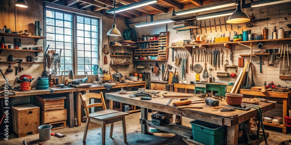 A cluttered workshop with tools and materials scattered everywhere, messy, chaotic, disorganized, cluttered, workshop