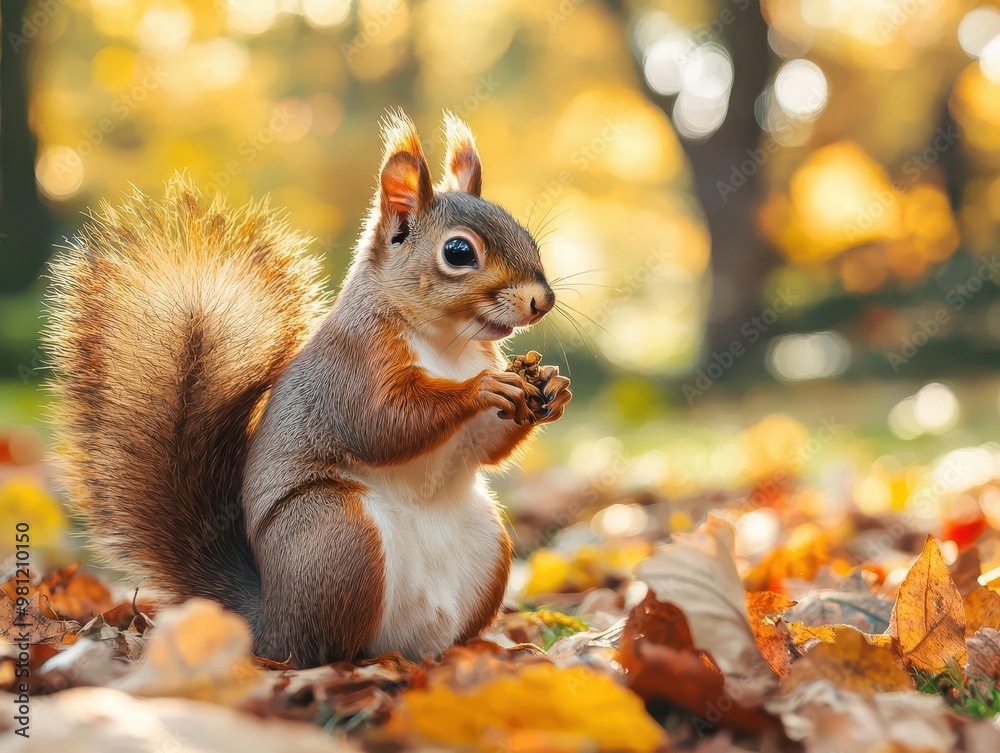 Calm woodland scene with fallen leaves, a squirrel gathering food, and sunlight filtering through the trees, trees nature background, wildlife autumn Calm woodland scene with fallen leaves, a squirrel gathering food, and sunlight filtering through the trees, trees nature background, wildlife autumn