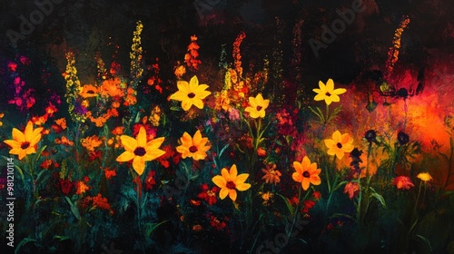 A vibrant display of fiery flowers in yellow orange and red emerges against a dark background embodying a surrealist nature theme
