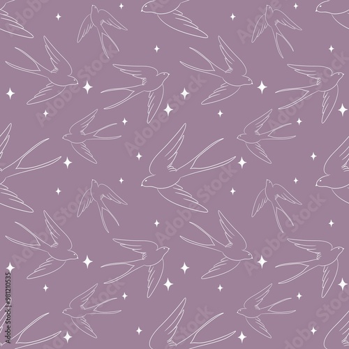 Photography White birds line art seamless pattern on purple colour background