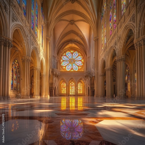 A grand cathedral interior with stained glass windows and sunlight streaming in.