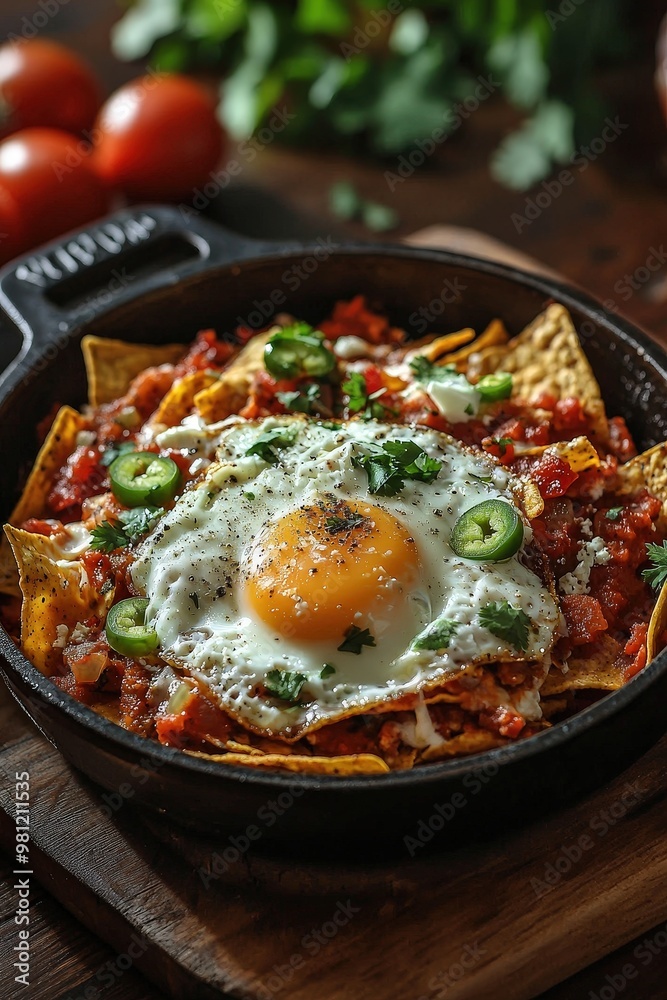 Chilaquiles - Fried tortilla chips simmered in red or green salsa, topped with cheese, crema, and eggs or meat. Chilaquiles - Fried tortilla chips simmered in red or green salsa, topped with cheese, crema, and eggs or meat.