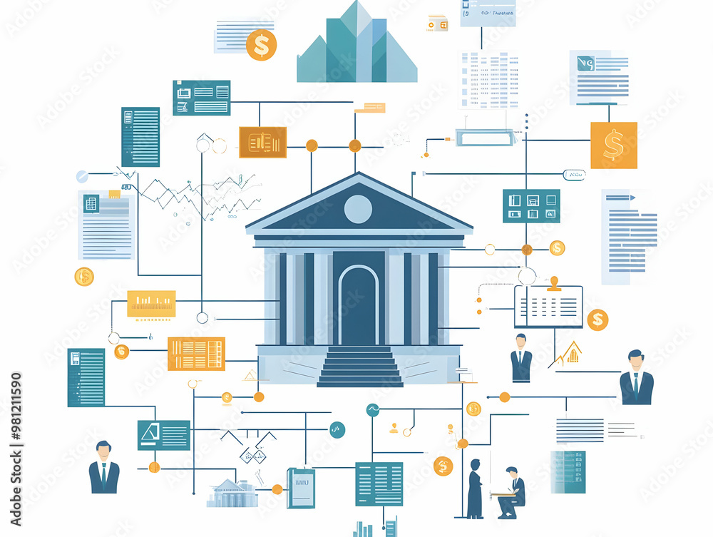 Fototapeta premium Flat Holographic Campaign Finance Flowchart Concept - Wide Shot of Complex Processes with Glowing Arrows, Dollar Symbols, and Copy Space in Clean Environment
