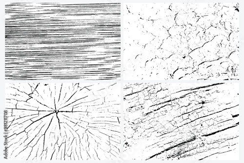 Abstract tree wood surface texture background set. Nature wooden texture collection. Black and white. Vector background design. Forest finds collection, natural tree flat set.