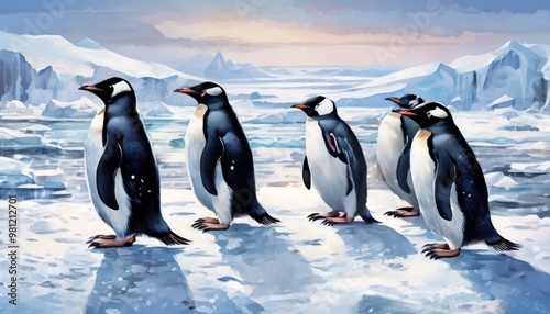 An illustration of five penguins standing together on an icy Antarctic landscape with a serene sky in the background. The image captures the cold, pristine environment, focusing on the penguins