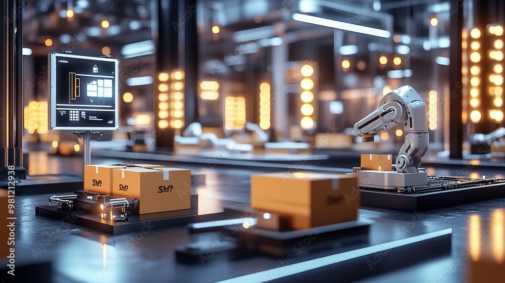 Naklejka premium Automated assembly line with robotic arms handling packages.