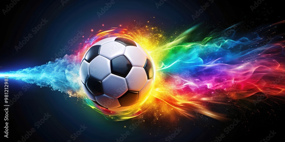 Obraz premium Dynamic soccer ball bursting with colorful energy, soccer, ball, dynamic, vibrant, colorful, energy, movement, sport