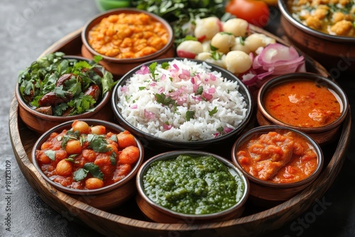 vibrant indian thali on palm leaf diverse curries colorful chutneys aromatic rice overhead view natural light streaming rich textures and intricate details of each dish visible