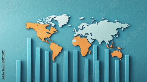 A colorful world map overlaying bar graphs, representing data visualization, geographical analysis, and statistical insights.