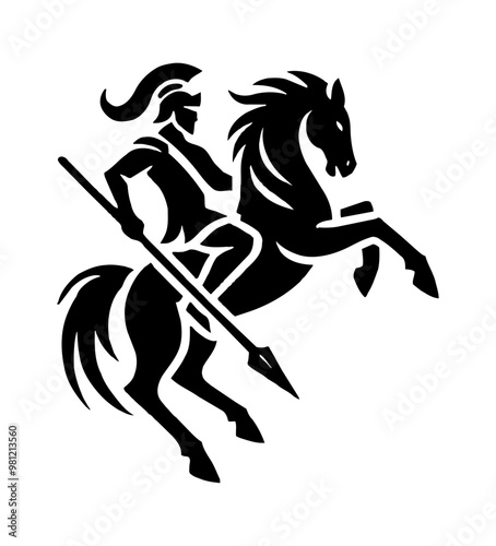 knight spear riding horse engraving black and white outline