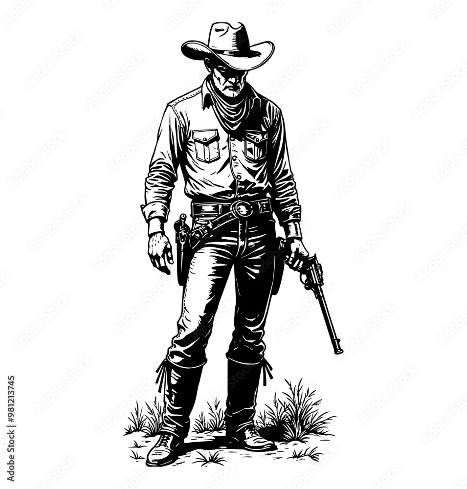 cowboy holding hand gun engraving black and white outline cowboy holding hand gun engraving black and white outline