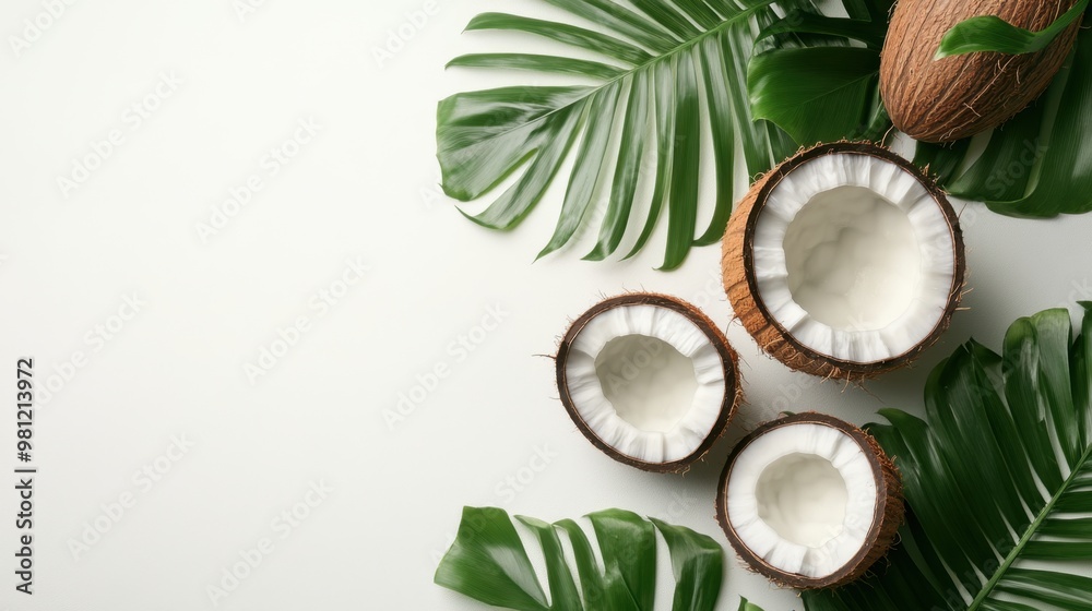 Whole coconut and half coconut with green leaves placed on a clean white surface creating a tropical and refreshing visual Whole coconut and half coconut with green leaves placed on a clean white surface creating a tropical and refreshing visual