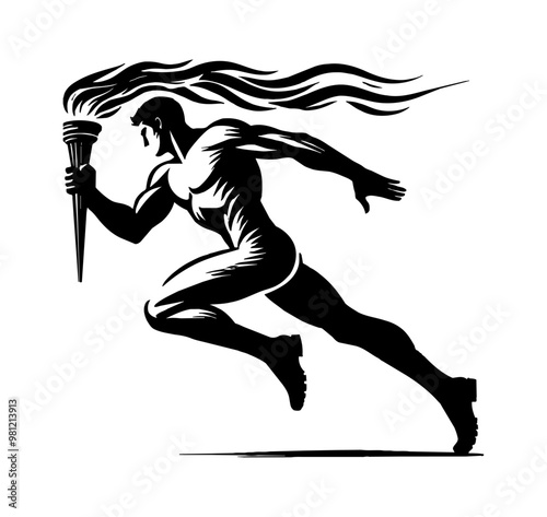 man run holding torch engraving black and white outline