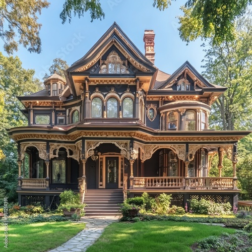 A grand Victorian house with intricate details and a large front porch.